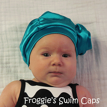 Fancy Ruched Shiny Turquoise Lycra Swim Cap with Flower