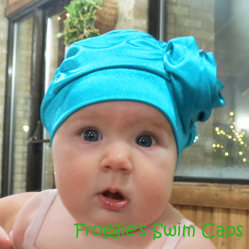 Fancy Ruched Shiny Turquoise Lycra Swim Cap with Flower