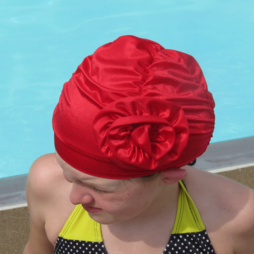 Fancy Ruched Red Lycra Swim Cap with Flower