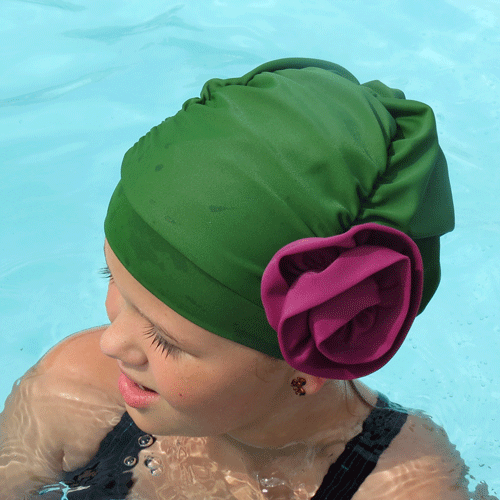 Fancy Ruched Shamrock Green Lycra Swim Cap with Mauve Flower