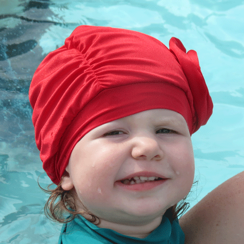 Fancy Ruched Red Lycra Swim Cap with Flower