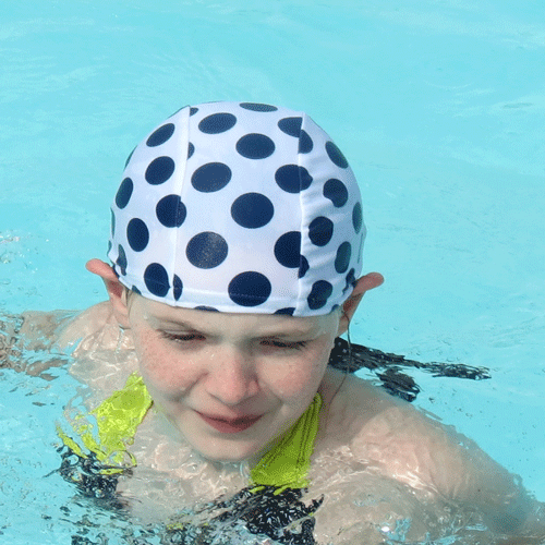 Lycra Swim Cap - White with Navy Dots