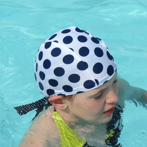 Lycra Swim Cap - White with Navy Dots