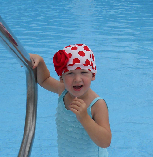 Fancy White and Red Polka Dot Swim Cap with Flower