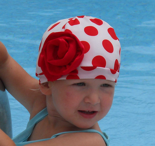 Fancy White and Red Polka Dot Swim Cap with Flower